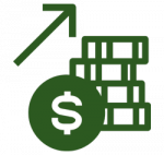 Icon of a stack of money and an arrow sign at a positive incline